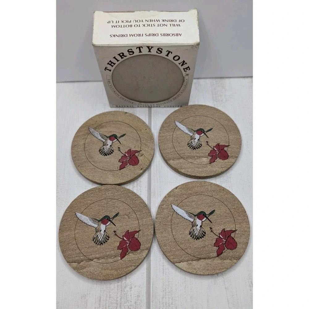 Vintage Thirstystone Hummingbird Sandstone Coasters Set of 4 New Old Stock Box